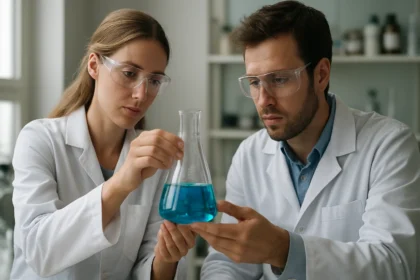 Két vegyész laboratóriumban, kék folyadékkal teli lombikkal.