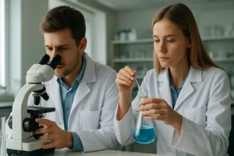 Két fiatal kémikus laboratóriumban, mikroszkóppal és kémcsővel dolgoznak.