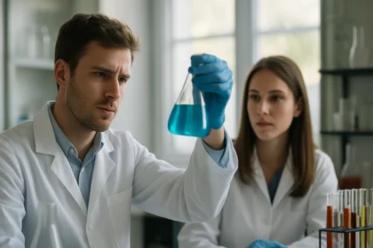 Két kutató laboratóriumban, kémiai kísérletet végezve.