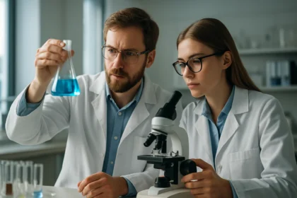 Két kutató kémiai méréseket végez a laboratóriumban.