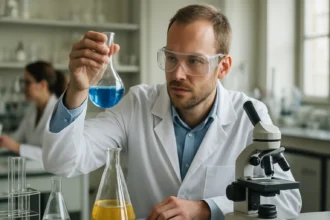 Kémikus laborban kék folyadékot vizsgál egy kémcsőben.