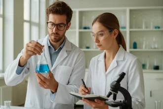 Két vegyész laboratóriumban poliacetiléneről kísérletezve.