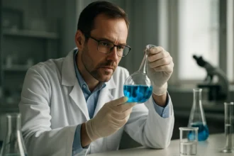 Tudós laboratóriumban kék oldatot vizsgál egy üvegkémcsőben.