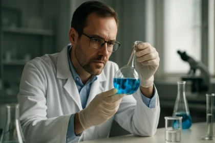 Tudós laboratóriumban kék oldatot vizsgál egy üvegkémcsőben.