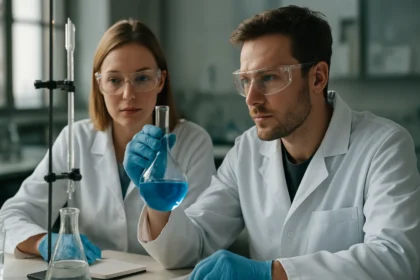 Két kutató metilénkék kísérletével foglalkozik a laborban.