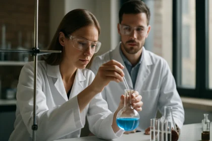 Két kutató laboratóriumban PAH vegyületekkel dolgozik.