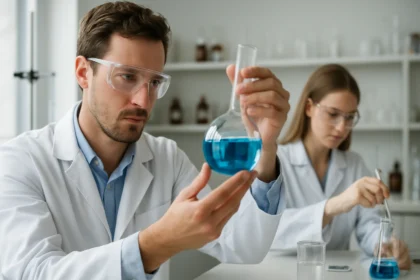 Két kutató laboratóriumban polibenzimidazol kémiai elemzése.