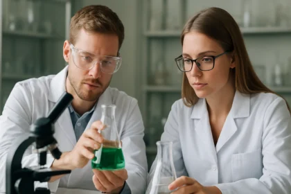 Két kutató laboratóriumban polikiklusos vegyületeken dolgozik.