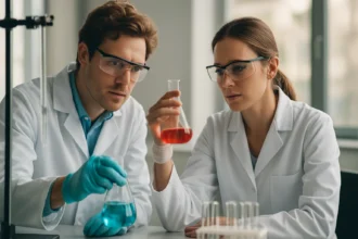 Két kutató laboratóriumban poli-D-tejsavval végzett kísérletet elemez.