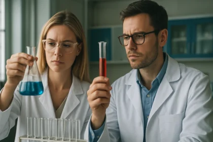 Két tudós laboratóriumban, foltos üvegekben kémiai anyagokkal dolgoznak.