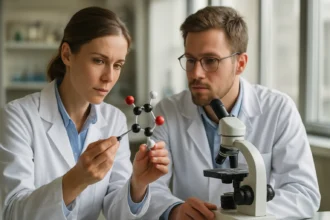 Két tudós elemzi a metil-jodid molekula szerkezetét laborkörnyezetben.