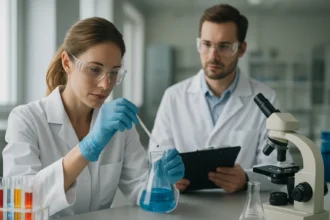 Két kémikus laboratóriumi munkát végez, különféle anyagokkal.