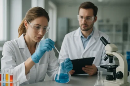 Két kémikus laboratóriumi munkát végez, különféle anyagokkal.