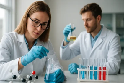 Két vegyész laboratóriumban poliészter gyanták vizsgálata során.