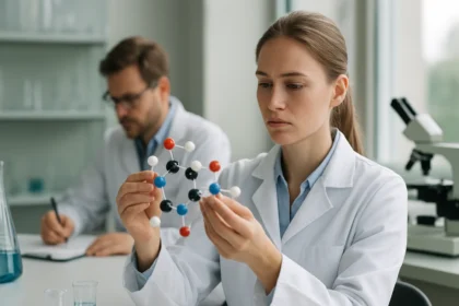 Kutatók a polifenilén-benzoxazol molekula szerkezetének elemzésénél