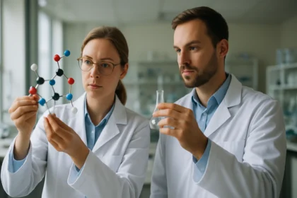 Kutatók poli(3-hidroxibutirát-co-3-hidroxivalerát) molekula modellel