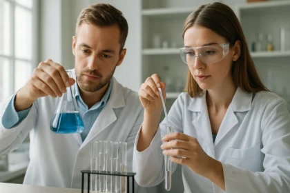 Két tudós kémiai kísérleteket végez laboratóriumban.