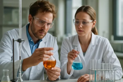 Két tudós kémiai kísérletezést végez laboratóriumban.