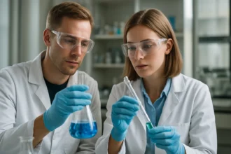 Két kutató laboratóriumban poli-(R)-3-hidroxibutirátot vizsgál.