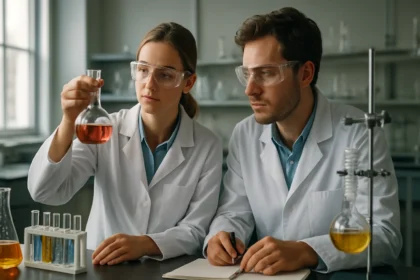 Két laboratóriumi szakember polikarbamidok kémiai elemzésében