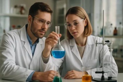 Kémikusok polikloroprén kísérletet végeznek laboratóriumban.