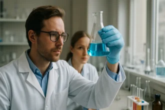 Két kutató laboratóriumban, polikondenzációs műanyagokkal kísérletezve.