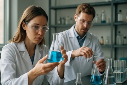 Két kutató laboratóriumi kísérletezés közben, polilaktidokkal foglalkoznak.