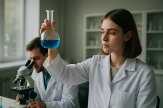 Kémiai kísérlet metilkrótonsav vizsgálatával laboratóriumban.