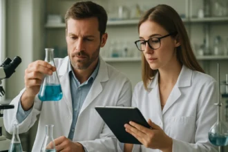 Két kutató laboratóriumban, kék folyadékkal töltött lombikot vizsgálva.