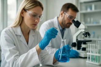 Női kutató laboratóriumban műanyagok polimerizációs vizsgálatát végzi