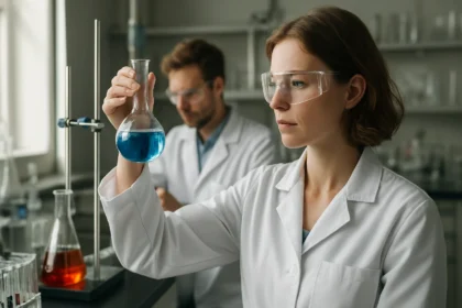 Női tudós laboratóriumban, kémiai kísérlet közben, kék folyadékkal.