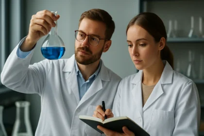 Két kutató laboratóriumban, kék folyadékkal teli flaskát vizsgálva.