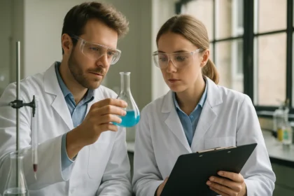 Két tudós laboratóriumban kék folyadékot vizsgálva.