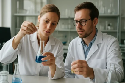 Kémiai kísérletet végző tudósok laboratóriumban.