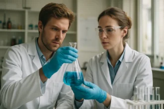 Két kutató laboratóriumban, poliszorbát 40 emulgeáló folyadékkal.