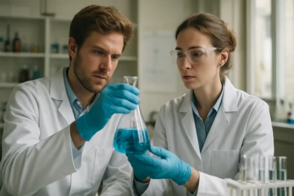 Két kutató laboratóriumban, poliszorbát 40 emulgeáló folyadékkal.