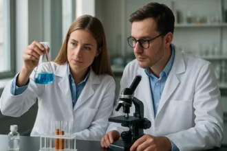 Két tudós laboratóriumban poliszorbát 50 vizsgálata közben.