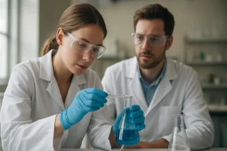 Két tudós kémiai kísérletet végez egy laboratóriumban