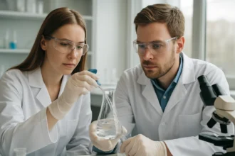 Kutatók politejsav-származékokkal kísérleteznek a laborban.