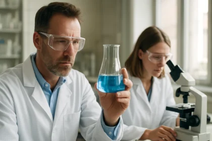 Két kutató laboratóriumban, politerpenoidokat vizsgálva