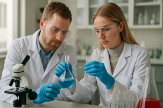 Két vegyész laboratóriumi kísérletet végez