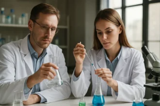 Két kutató laboratóriumban metil-metakrilát polimerizálásával foglalkozik.