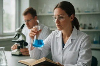 Kémiai kísérletek során polivinilpirrolidonnal foglalkozó tudósok