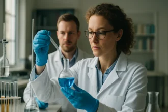 Kutatók laboratóriumban polivinilpropilpirrolidon vizsgálata közben.