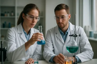 Két tudós laboratóriumban politejsavval kapcsolatos kísérletet végez.