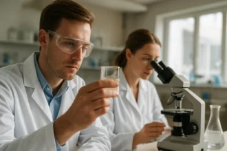 Két kutató laboratóriumban, politejsav felelős anyagokkal.