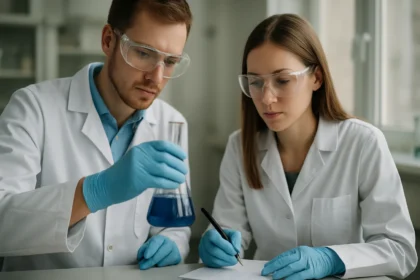 Két tudós laboratóriumban polyvinylpropylpyrrolidon kutatása közben.