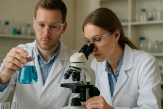 Két kutató laboratóriumban, PVP kémiai kísérletezés közben.