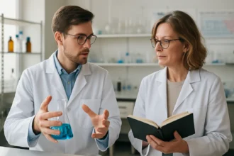 Két tudós beszélgetés kémiai kísérletek közben laboratóriumban.