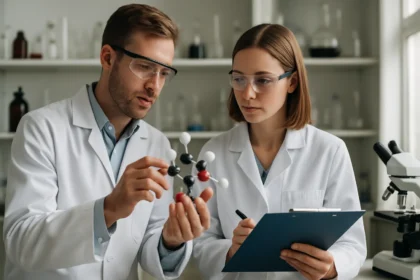 Két kutató mesterséges elemeket vizsgál a laborban.